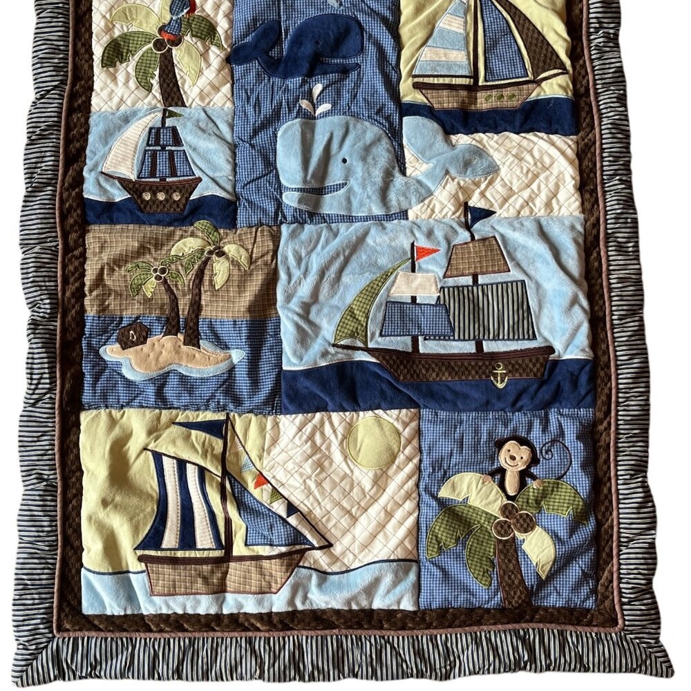 Nojo Nautical Baby Quilt 33" X 40.75" With Appliqué & Soft Plush Accents Cotton